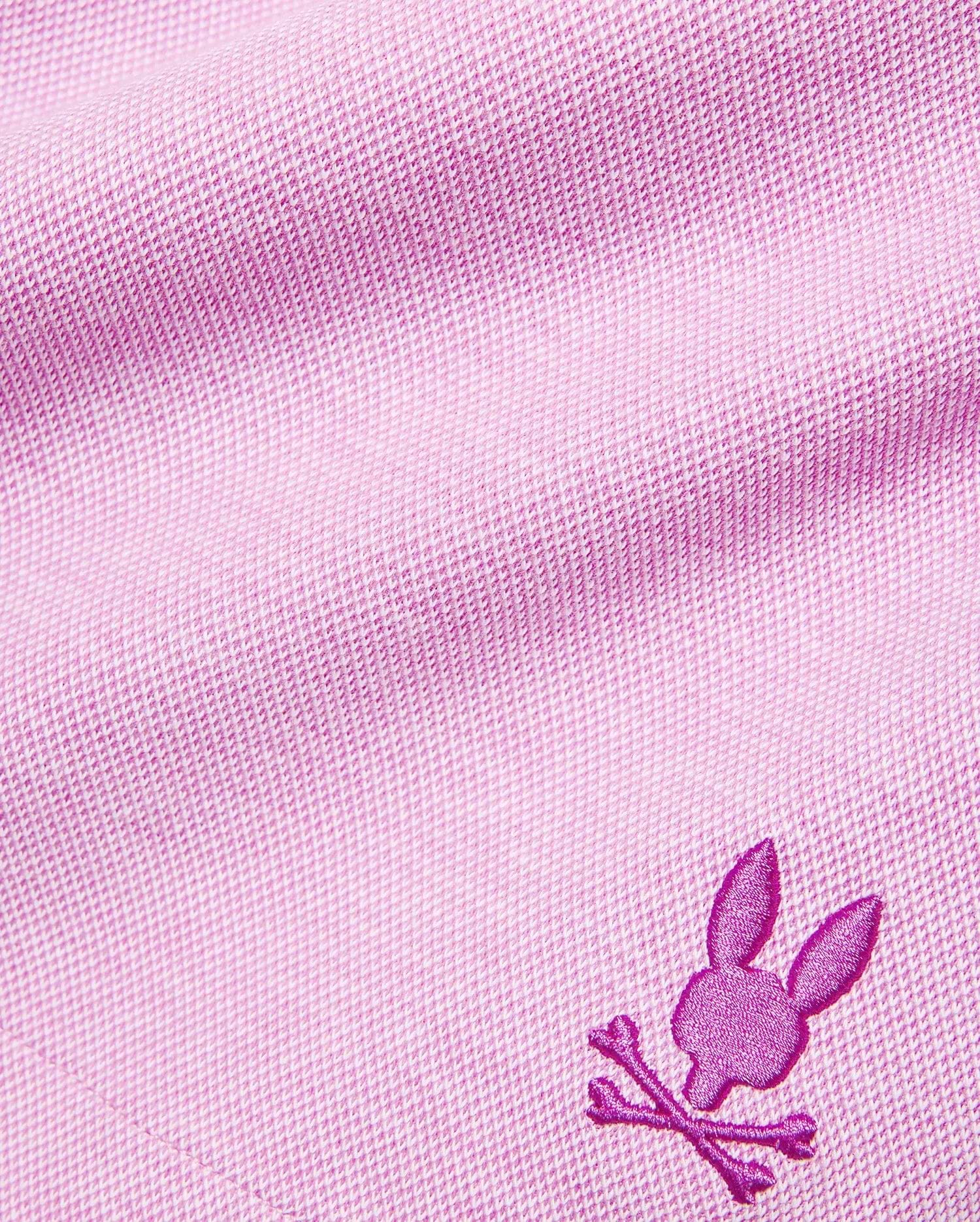 Mens Keith Short 8, premium lavender pique knit streetwear short featuring a small, iconic embroidered dark purple Psycho Bunny skull logo for refined style.