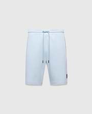 Mens Keith Short 8 light blue pique knit shorts, relaxed fit, featuring a drawstring waist with silver eyelets and dark blue tips, and a small embroidered dark blue Psycho Bunny skull logo on the lower left leg.