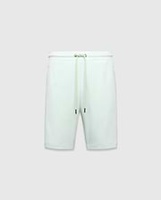 Mens Keith Short 8, light mint green pique knit shorts with a relaxed fit, elastic drawstring waist featuring silver eyelets and black-tipped drawstrings.