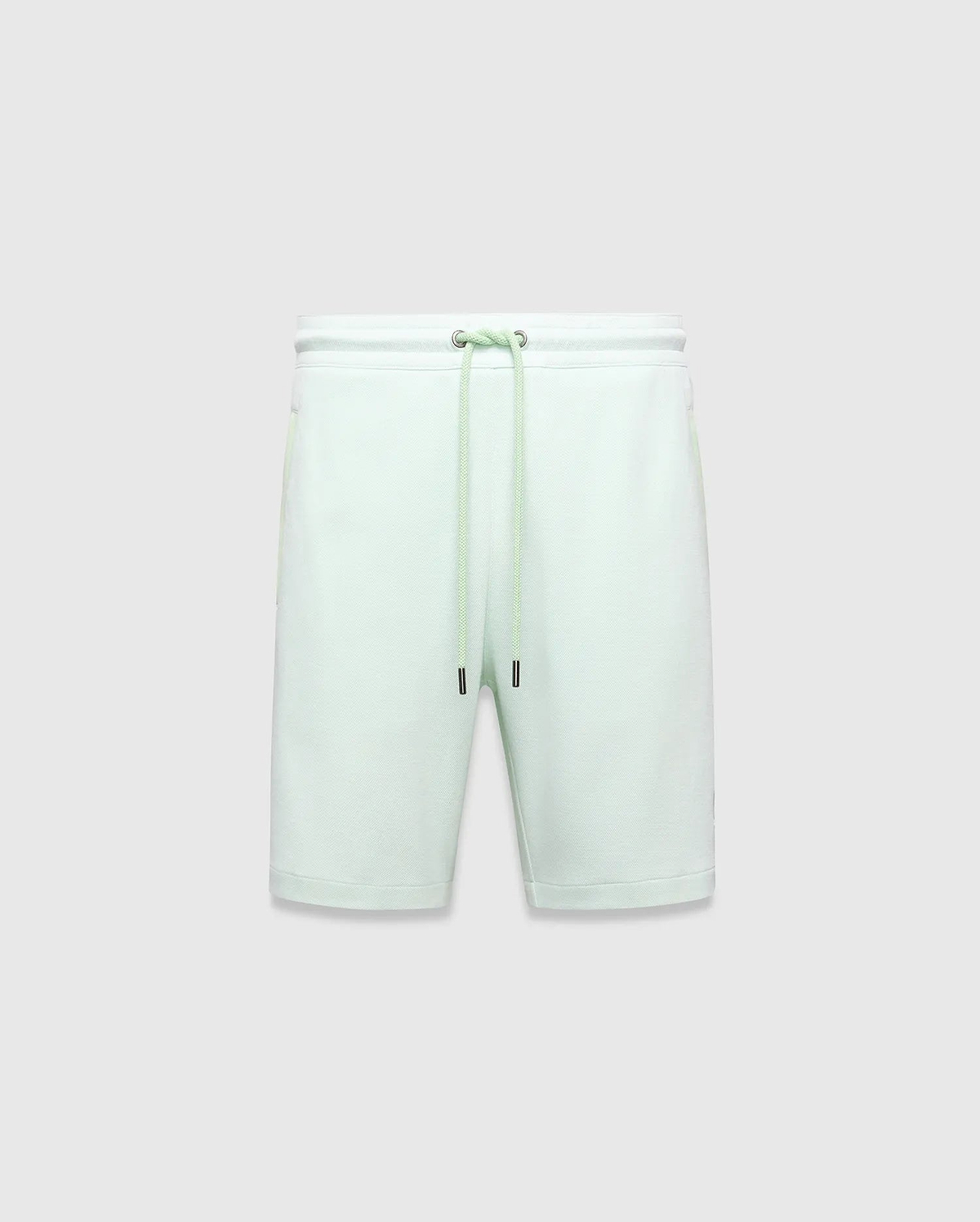 Mens Keith Short 8, light mint green pique knit shorts with a relaxed fit, elastic drawstring waist featuring silver eyelets and black-tipped drawstrings.