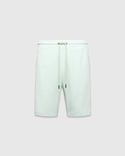 Mens Keith Short 8, light mint green pique knit shorts with a relaxed fit, elastic drawstring waist featuring silver eyelets and black-tipped drawstrings.