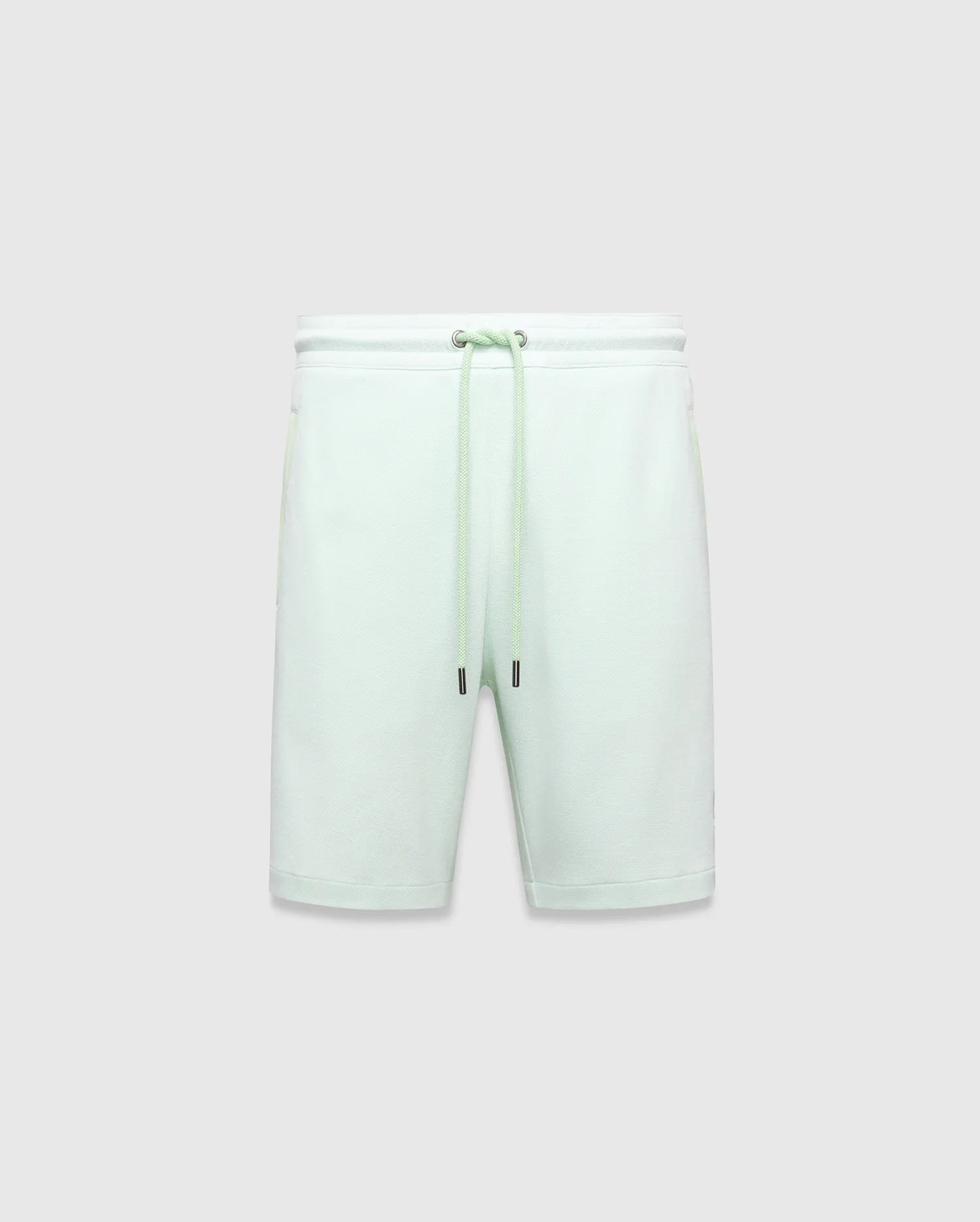 Mens Keith Short 8, light mint green pique knit shorts with a relaxed fit, elastic drawstring waist featuring silver eyelets and black-tipped drawstrings.