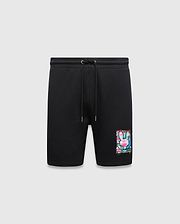 Mens Isaac Print Short, black classic fit jersey shorts featuring a drawstring waist and a large, vibrant multi-color paint splatter Psycho Bunny skull logo graphic on the lower left leg.