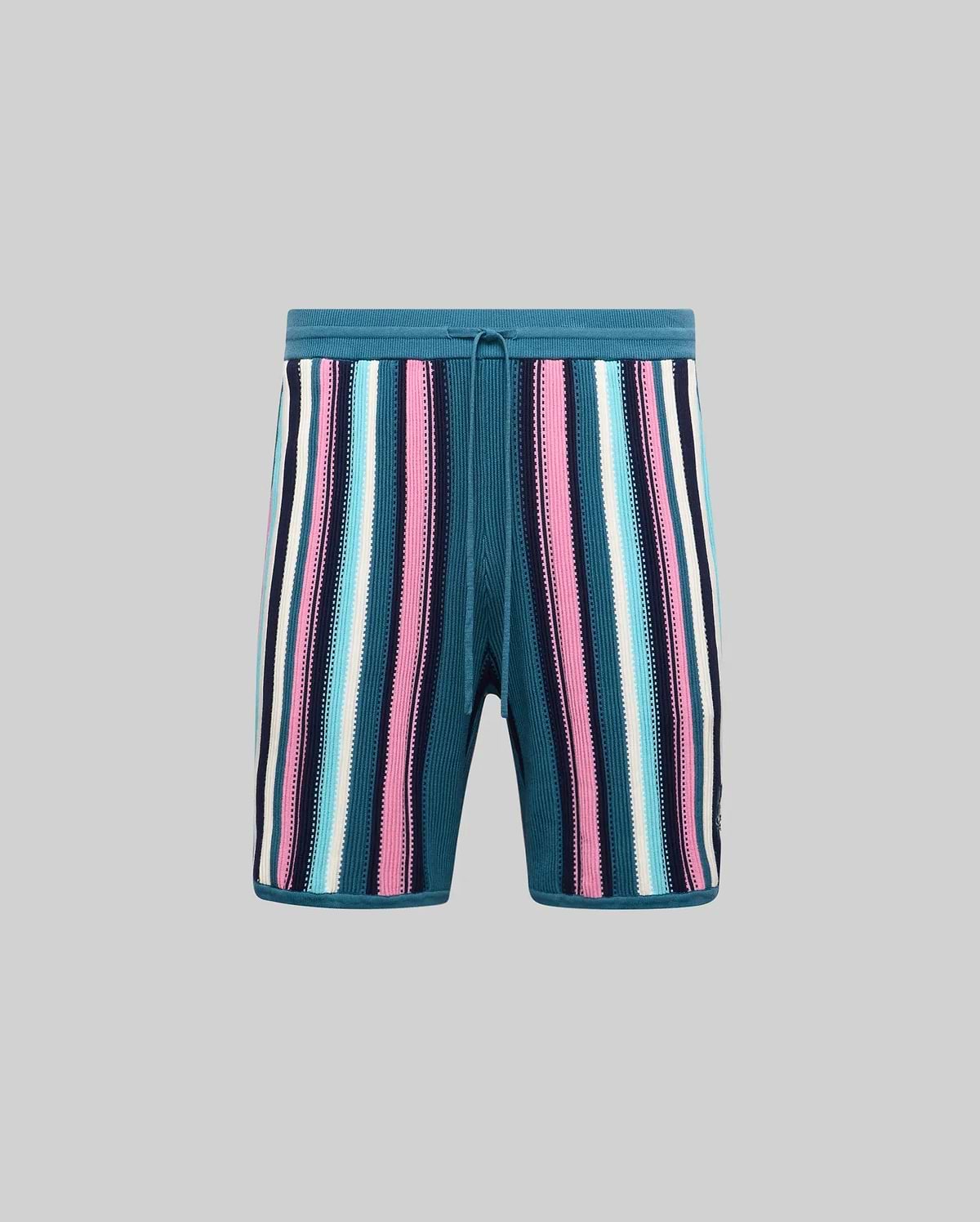 Mens Cliff Knit Short in teal with bold vertical stripes in pink, light blue, white, and navy, featuring a relaxed fit, textured knit fabric, and a small embroidered Psycho Bunny skull logo on the left leg. (4)