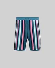 Mens Cliff Knit Short in teal with bold vertical stripes in pink, light blue, white, and navy, featuring a relaxed fit, textured knit fabric, and a small embroidered Psycho Bunny skull logo on the left leg. (4)