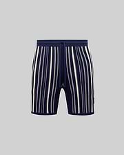 Mens Cliff Knit Short, navy with cream and white vertical stripes, featuring a ribbed knit texture, drawstring waist, and a small embroidered Psycho Bunny skull logo on the lower right leg. (4)