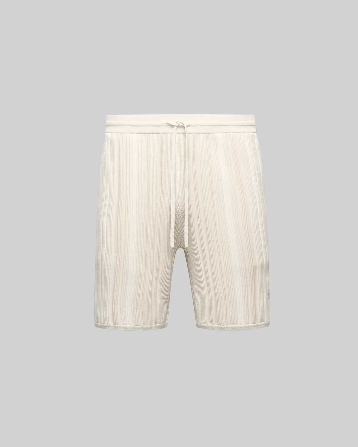 Mens Cliff Knit Short in cream, featuring a relaxed fit, vertical ribbed knit texture, and a drawstring waist. No visible Psycho Bunny logo.