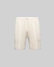 Mens Cliff Knit Short in cream, featuring a relaxed fit, vertical ribbed knit texture, and a drawstring waist. No visible Psycho Bunny logo.