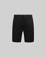 Mens Dustin Sweatshort, black, featuring a subtle all-over embossed Psycho Bunny skull logo pattern, relaxed fit, and a drawstring waist with silver-toned metal tips.
