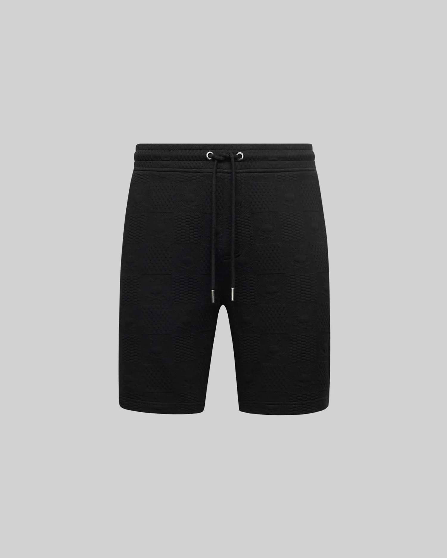 Mens Dustin Sweatshort, black, featuring a subtle all-over embossed Psycho Bunny skull logo pattern, relaxed fit, and a drawstring waist with silver-toned metal tips.