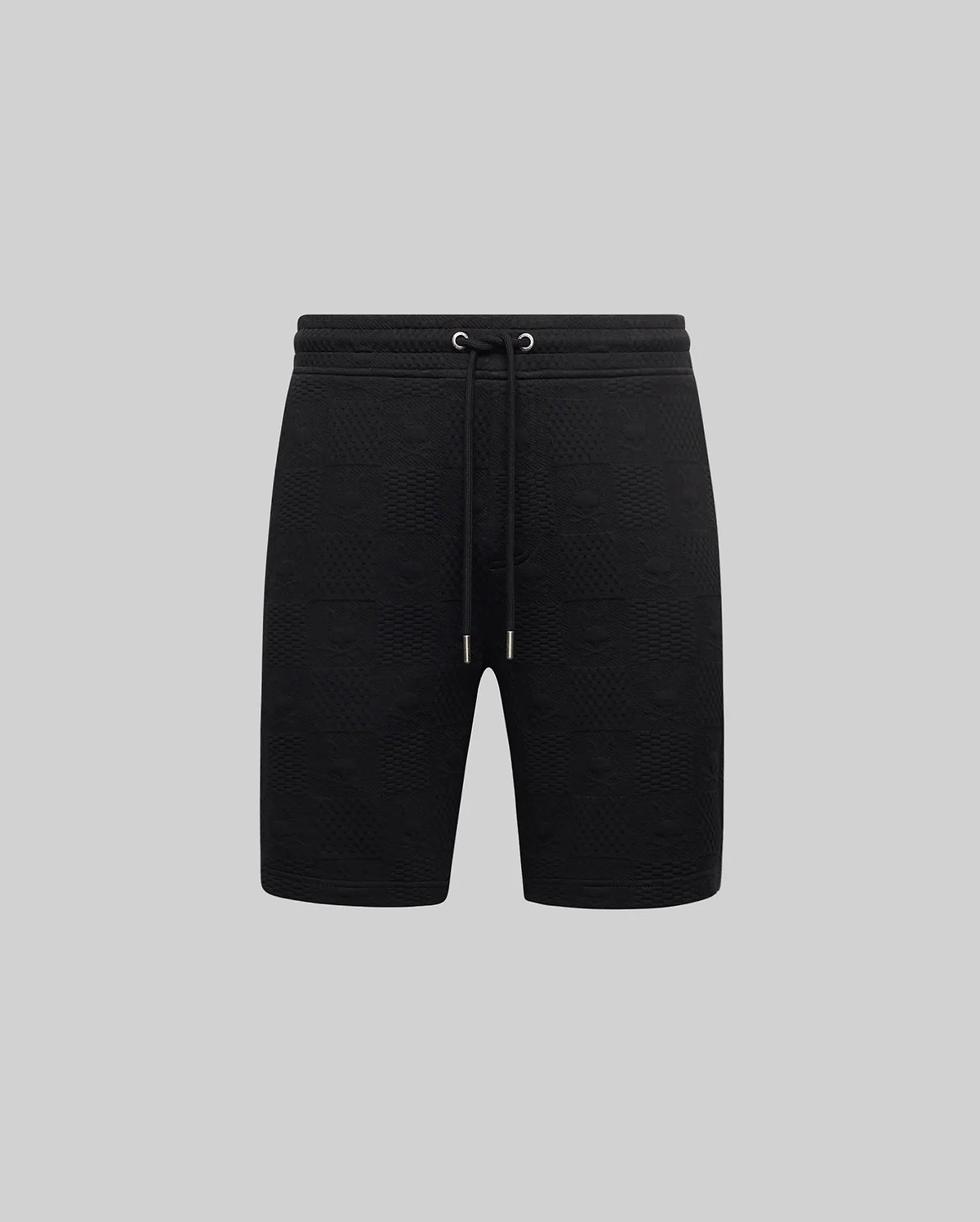 Mens Dustin Sweatshort, black, featuring a subtle all-over embossed Psycho Bunny skull logo pattern, relaxed fit, and a drawstring waist with silver-toned metal tips.