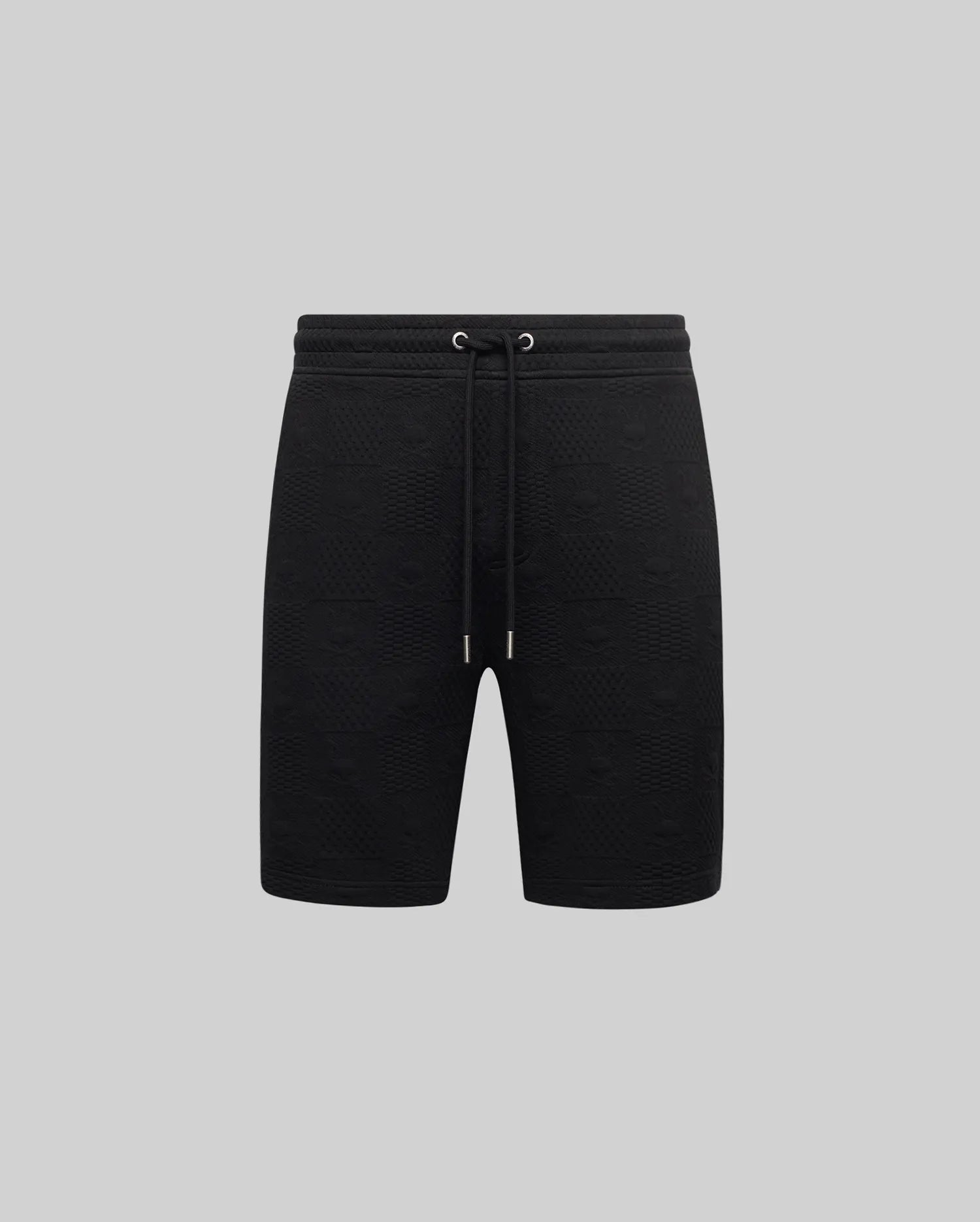 Mens Dustin Sweatshort, black, featuring a subtle all-over embossed Psycho Bunny skull logo pattern, relaxed fit, and a drawstring waist with silver-toned metal tips.