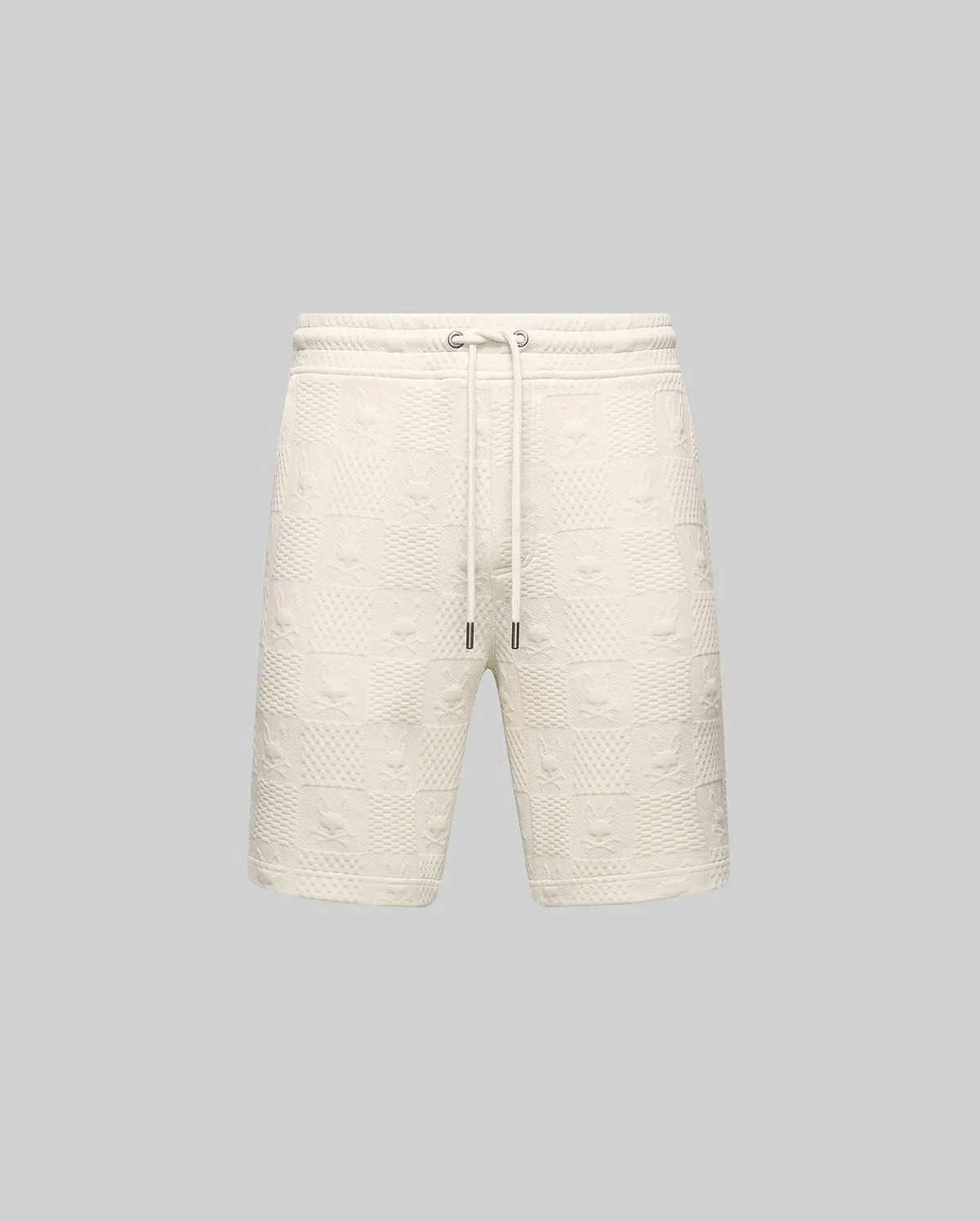 Mens Dustin Sweatshort, cream, featuring a relaxed fit and an all-over embossed checkerboard pattern with alternating Psycho Bunny skull logos and textured squares, complete with a drawstring waist.