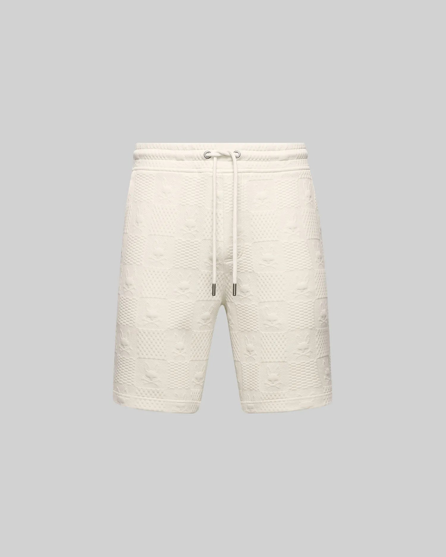 Mens Dustin Sweatshort, cream, featuring a relaxed fit and an all-over embossed checkerboard pattern with alternating Psycho Bunny skull logos and textured squares, complete with a drawstring waist.