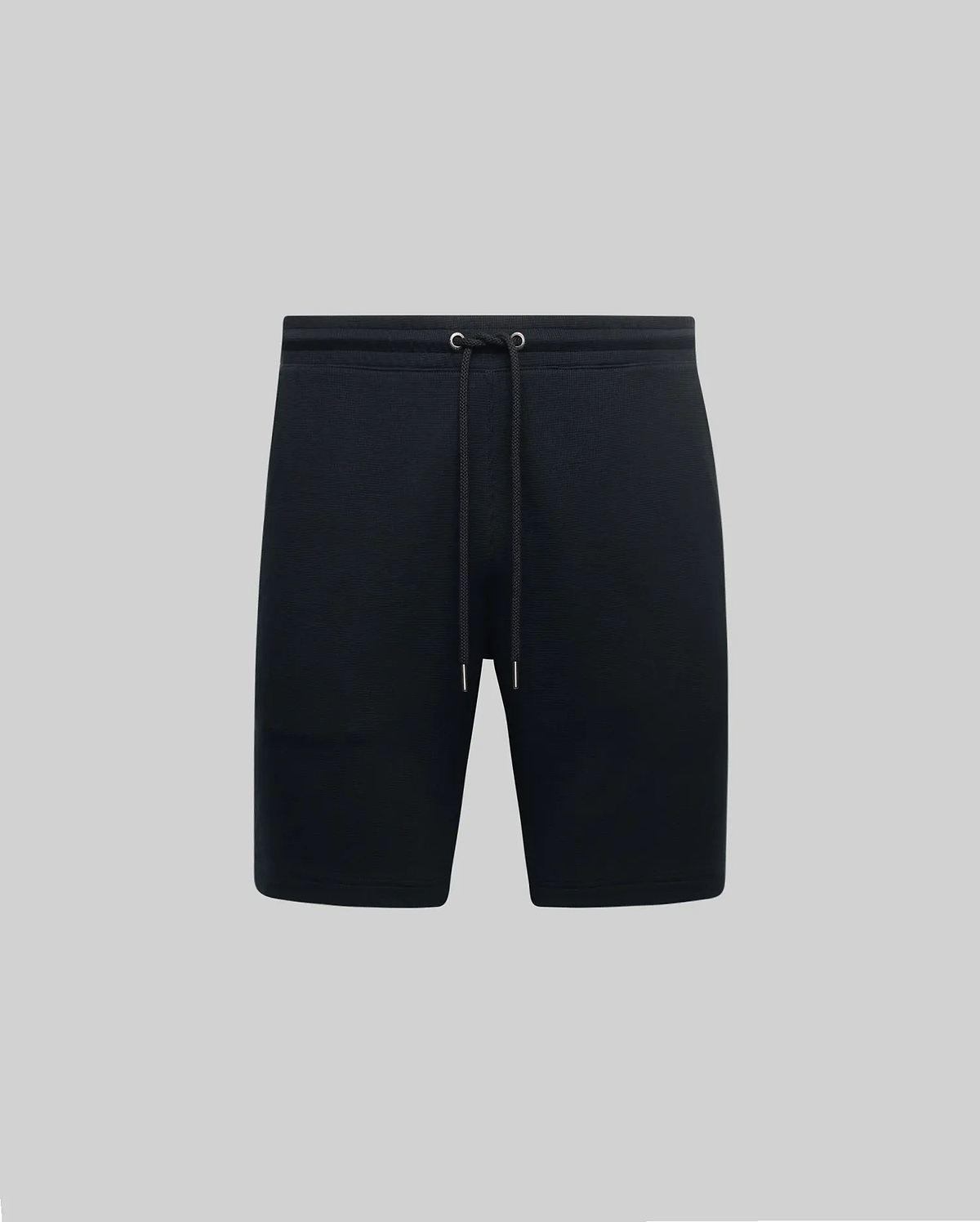 Black Mens Maxton Waffle Sweatshort with a relaxed fit, featuring a textured waffle knit fabric and an adjustable drawstring waist with metal eyelets.