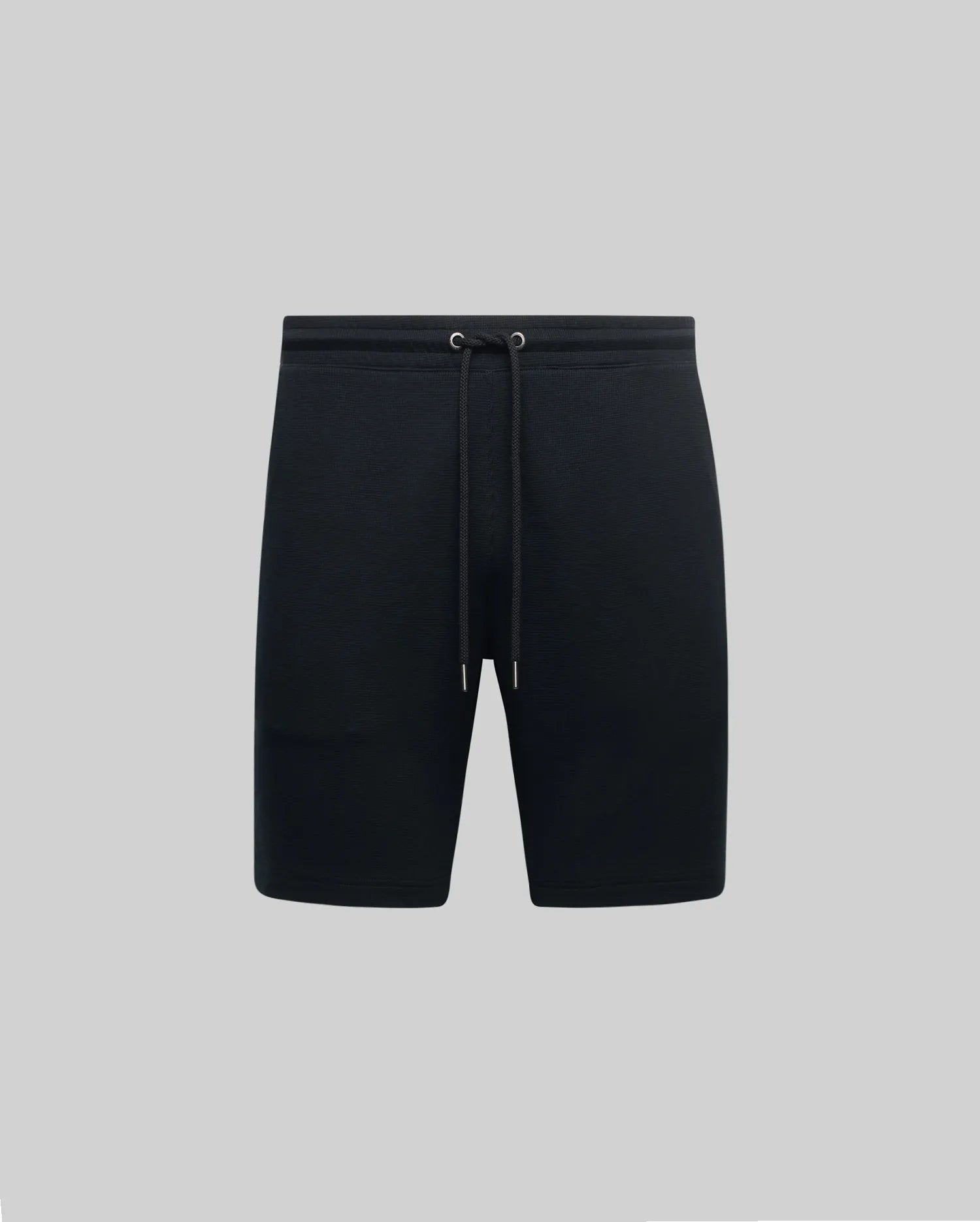 Black Mens Maxton Waffle Sweatshort with a relaxed fit, featuring a textured waffle knit fabric and an adjustable drawstring waist with metal eyelets.
