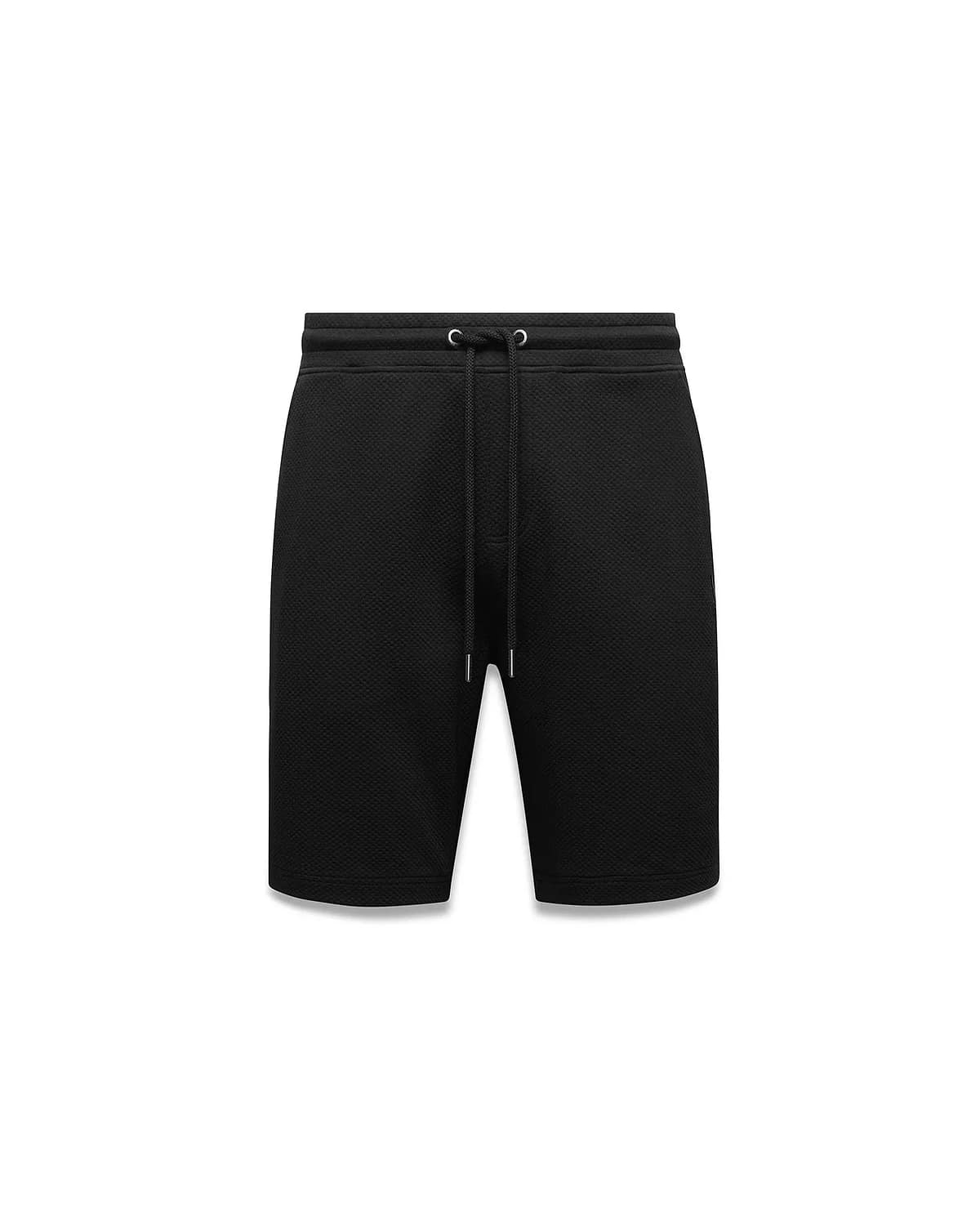 Mens Marc Textured Short in black, a classic fit streetwear short with a distinctive mini-waffle knit fabric and a drawstring waist featuring sleek silver tips.