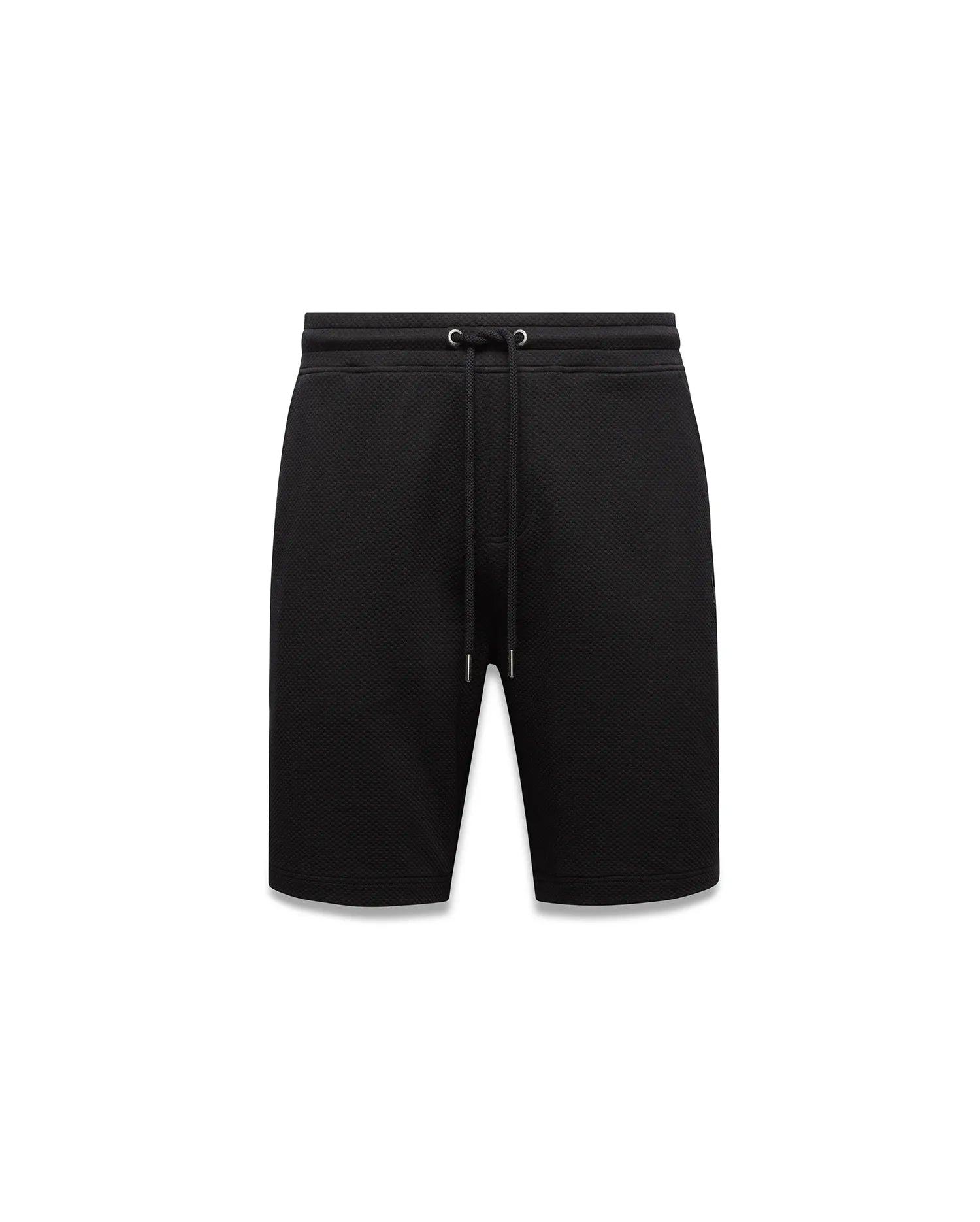 Mens Marc Textured Short in black, a classic fit streetwear short with a distinctive mini-waffle knit fabric and a drawstring waist featuring sleek silver tips.
