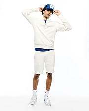 Cream textured quarter-zip sweatshirt with a small embroidered Psycho Bunny skull logo on the left chest, paired with matching MENS MARC TEXTURED SHORT, featuring a classic fit.