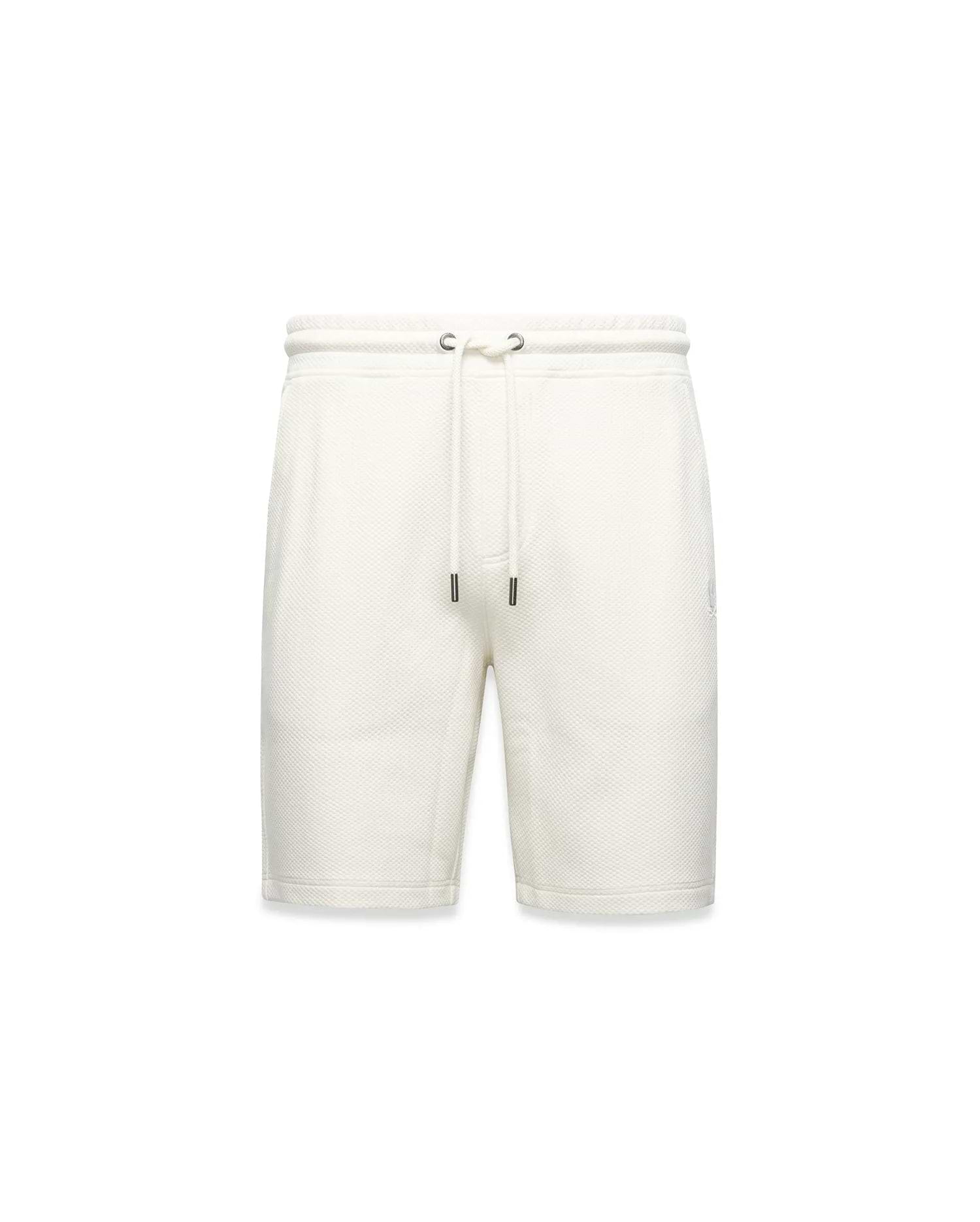 Mens Marc Textured Short, cream textured knit shorts with a classic fit, featuring a drawstring waist with dark tips and a small embroidered Psycho Bunny skull logo on the right thigh.