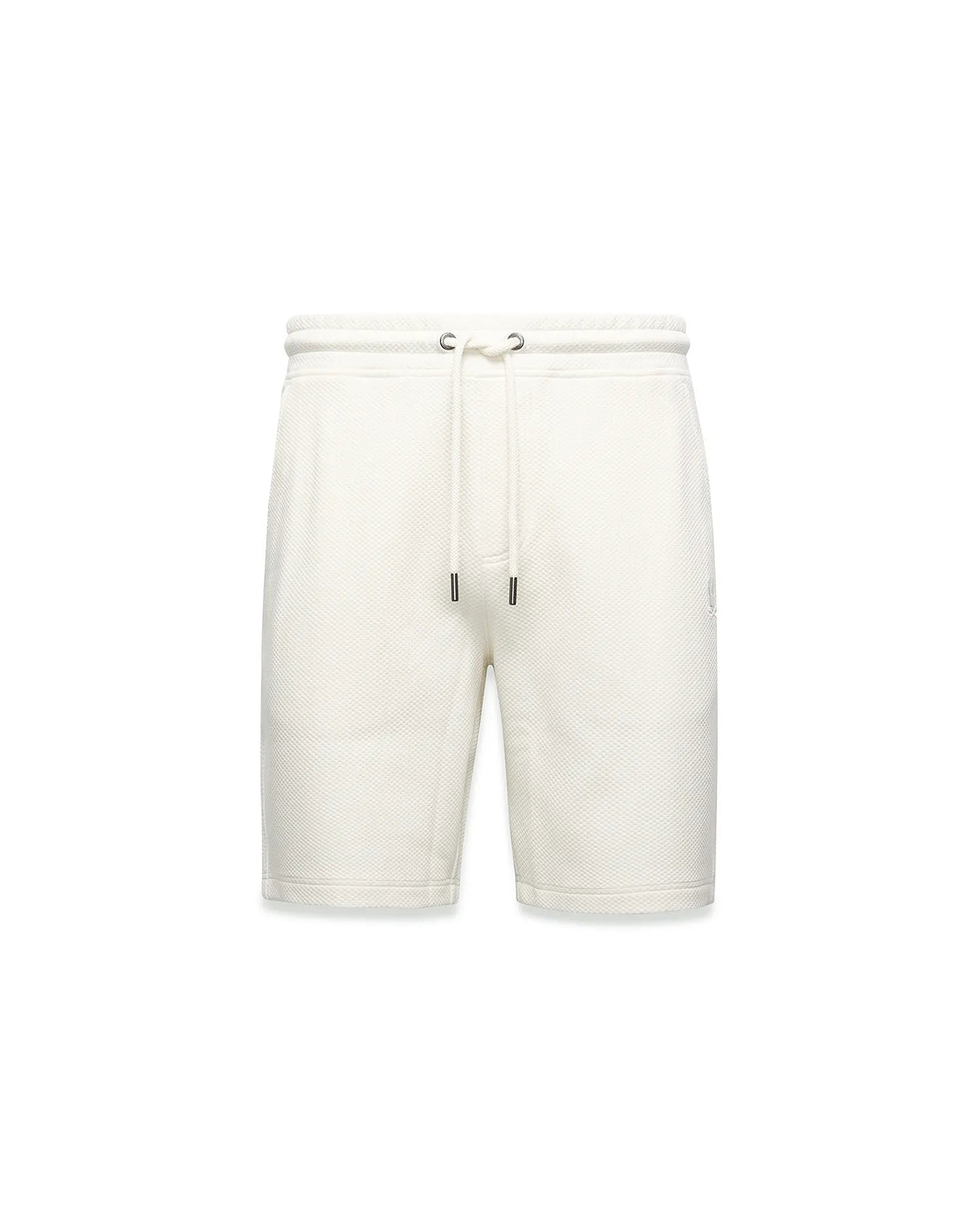 Mens Marc Textured Short, cream textured knit shorts with a classic fit, featuring a drawstring waist with dark tips and a small embroidered Psycho Bunny skull logo on the right thigh.