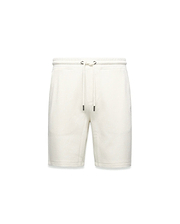 Mens Marc Textured Short, cream textured knit shorts with a classic fit, featuring a drawstring waist with dark tips and a small embroidered Psycho Bunny skull logo on the right thigh.