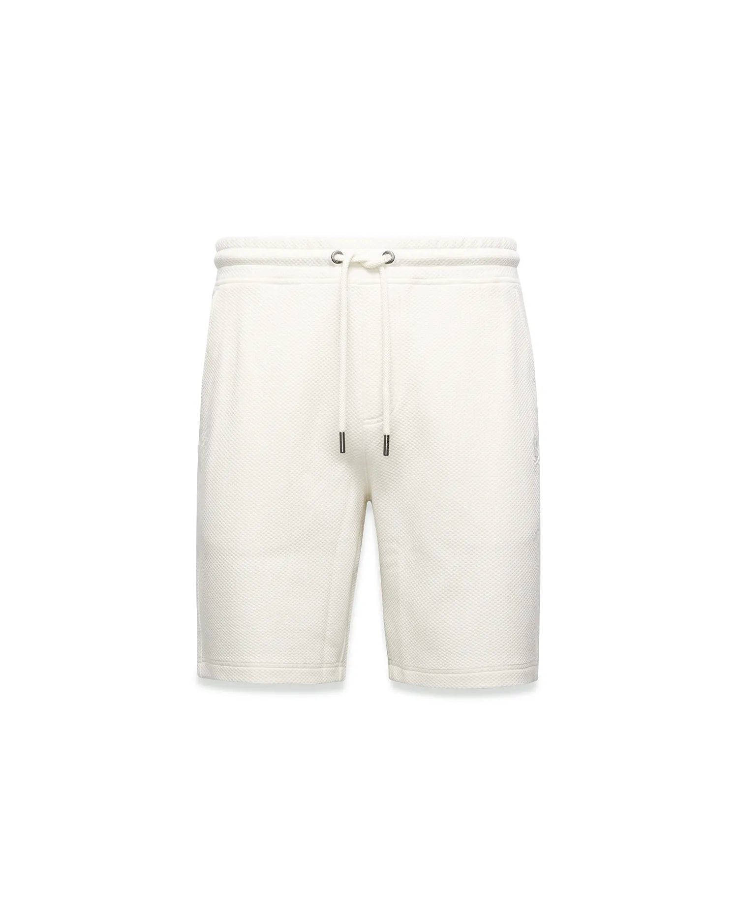 Mens Marc Textured Short, cream textured knit shorts with a classic fit, featuring a drawstring waist with dark tips and a small embroidered Psycho Bunny skull logo on the right thigh.