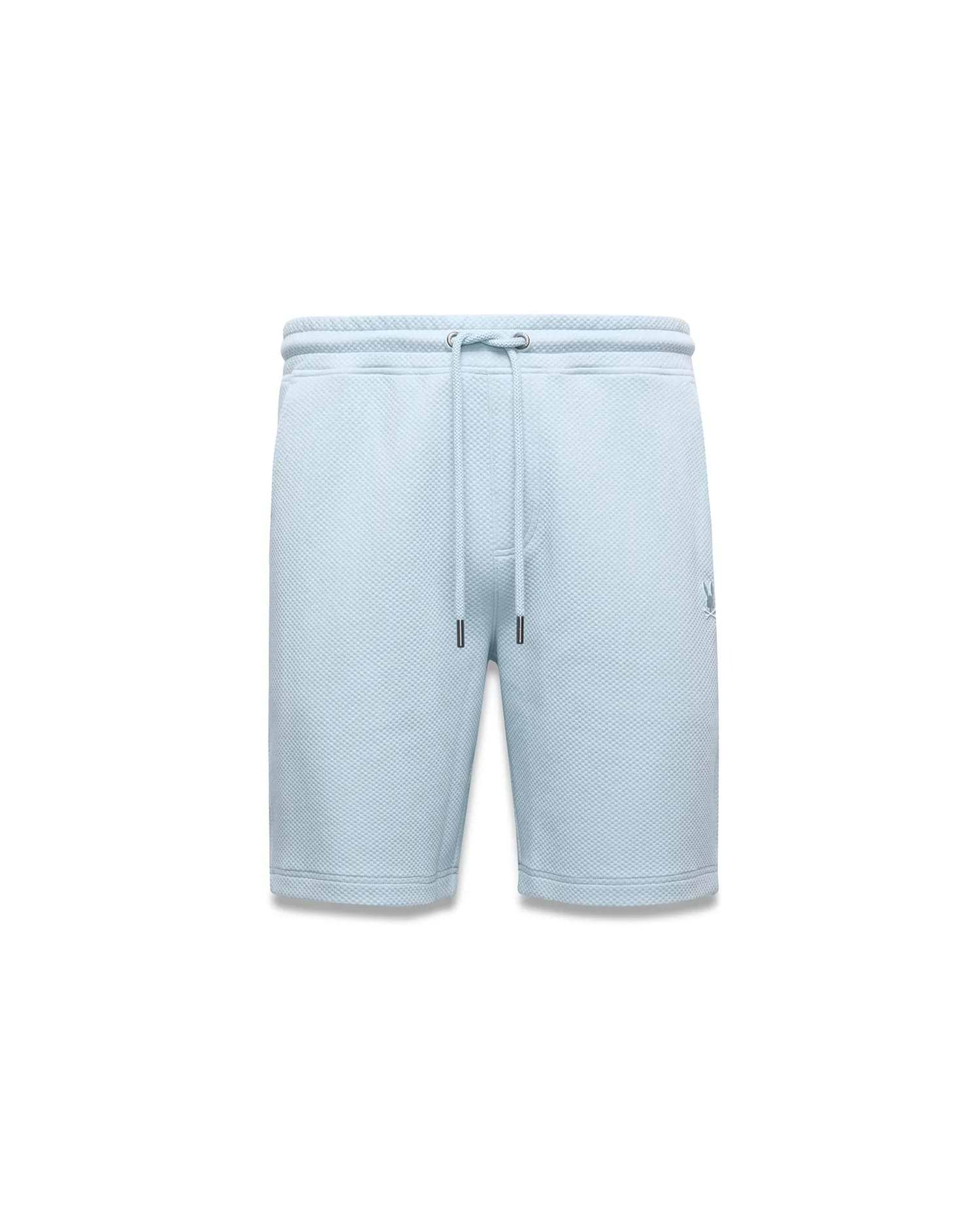 Mens Marc Textured Short, light blue with a classic fit and all-over pique texture, features a drawstring waist with dark tips and a small, embroidered Psycho Bunny skull logo on the right leg.