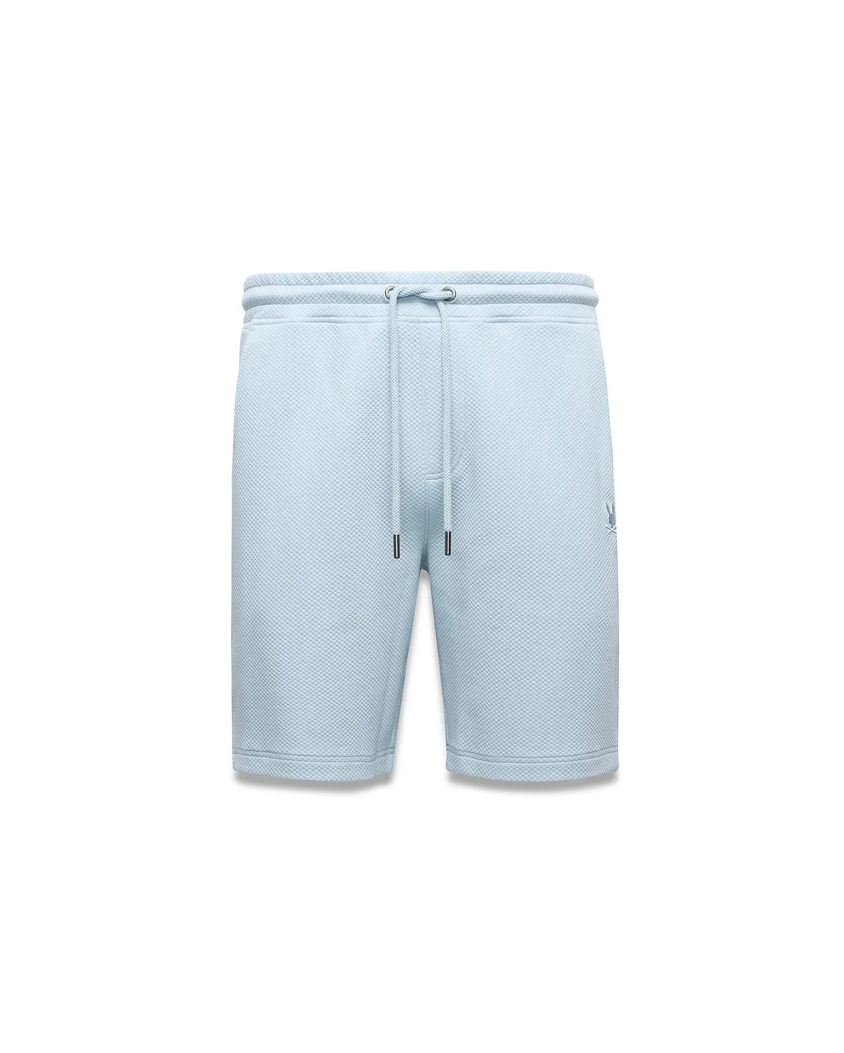 Mens Marc Textured Short, light blue with a classic fit and all-over pique texture, features a drawstring waist with dark tips and a small, embroidered Psycho Bunny skull logo on the right leg.
