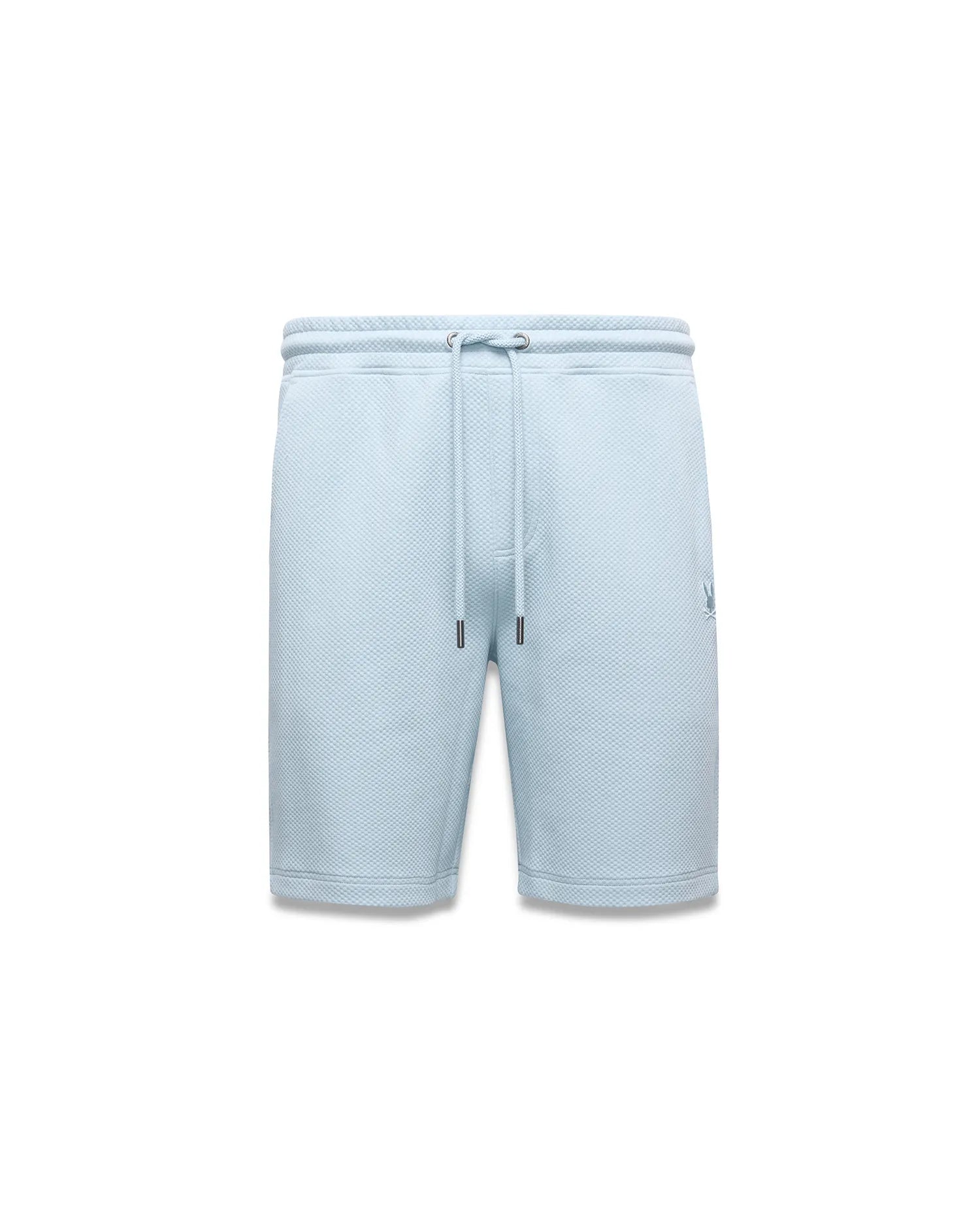 Mens Marc Textured Short, light blue with a classic fit and all-over pique texture, features a drawstring waist with dark tips and a small, embroidered Psycho Bunny skull logo on the right leg.