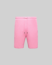 Mens Garen Knit Short in vibrant pink, featuring a unique woven checkerboard texture, relaxed fit, drawstring waist with silver tips, and a small embroidered Psycho Bunny skull logo on the right thigh. (4)