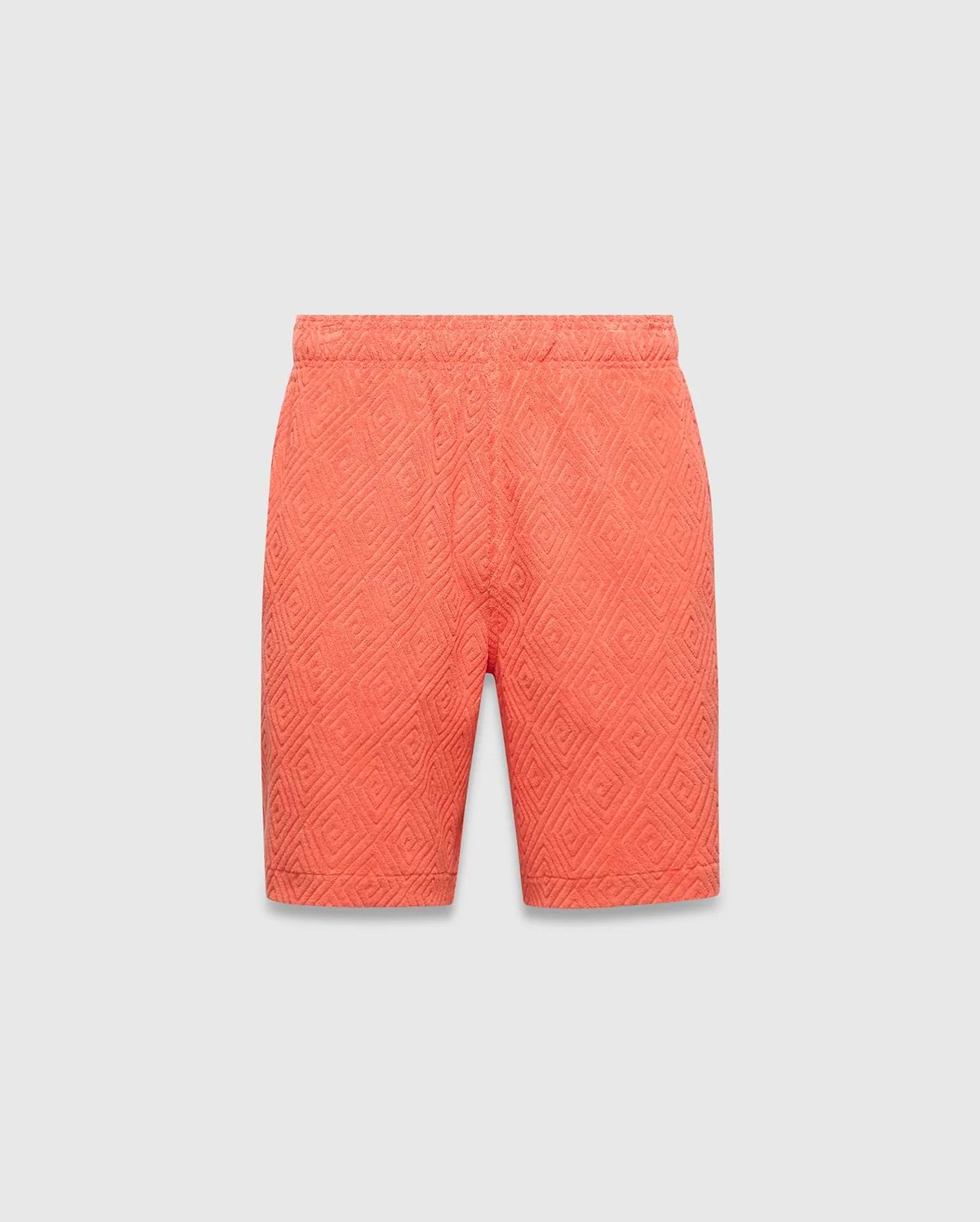 Mens Tristan Short, vibrant coral relaxed-fit shorts featuring an all-over raised diamond jacquard pattern and comfortable elastic waistband, embodying Psycho Bunny's refined streetwear. (5)