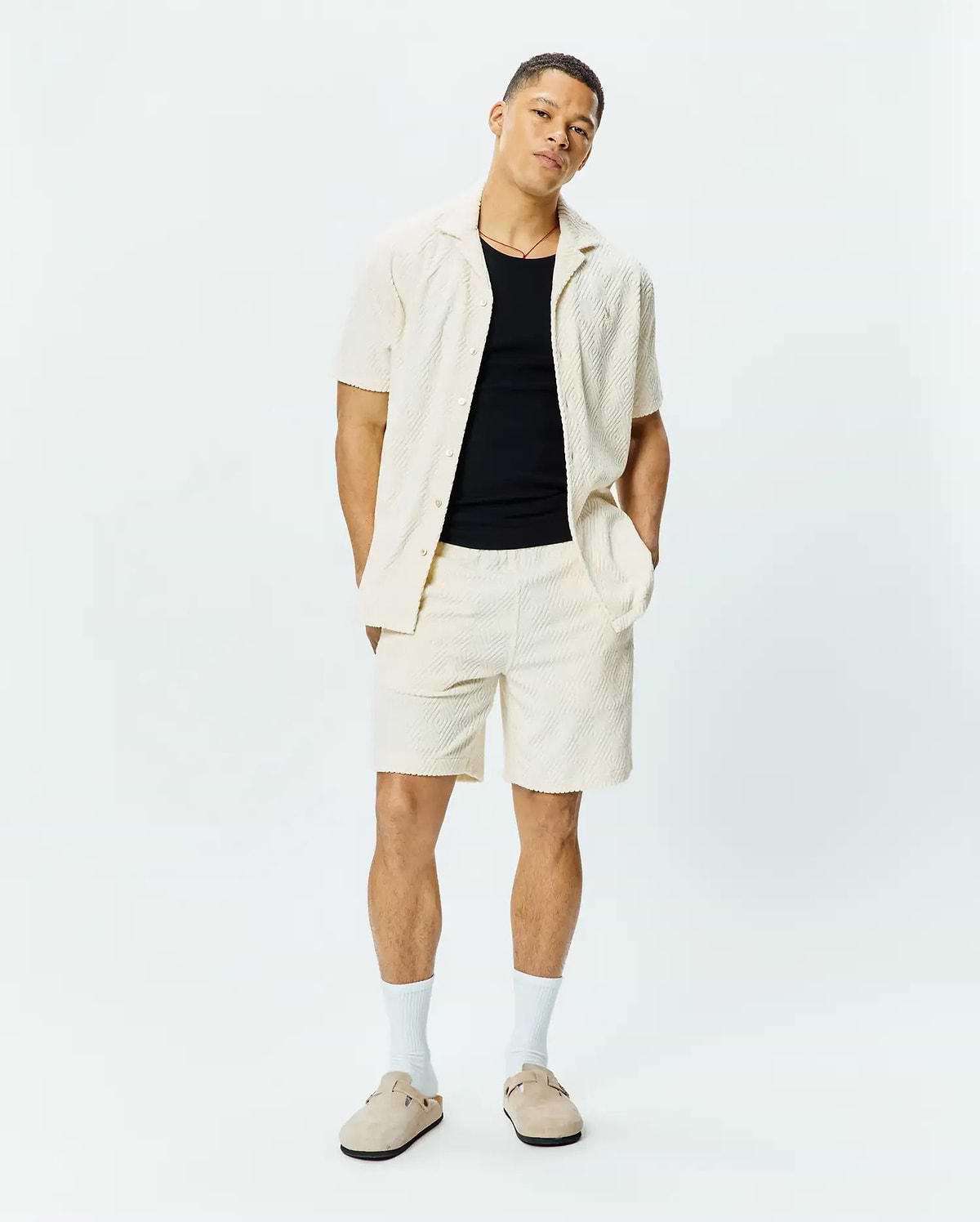 Mens Tristan Short and matching relaxed fit camp collar shirt in cream textured jacquard knit, featuring a subtle repeating diamond pattern.