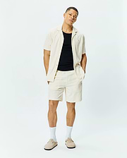 Mens Tristan Short and matching relaxed fit camp collar shirt in cream textured jacquard knit, featuring a subtle repeating diamond pattern.