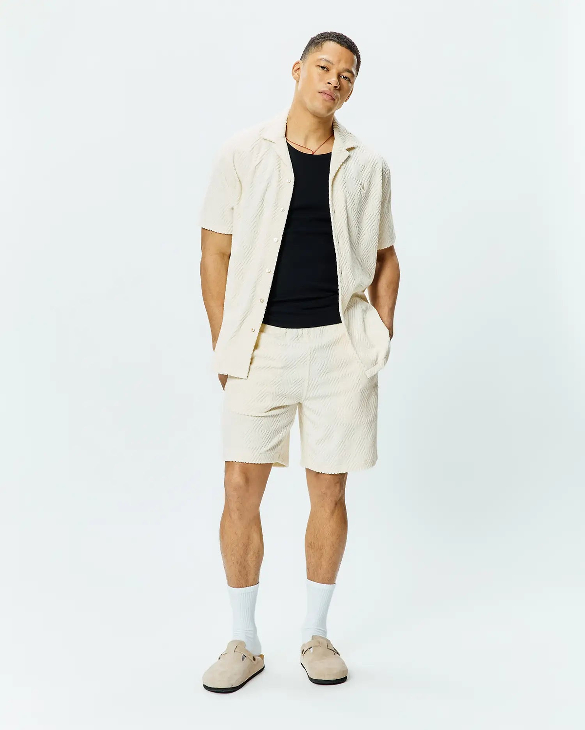 Mens Tristan Short and matching relaxed fit camp collar shirt in cream textured jacquard knit, featuring a subtle repeating diamond pattern.