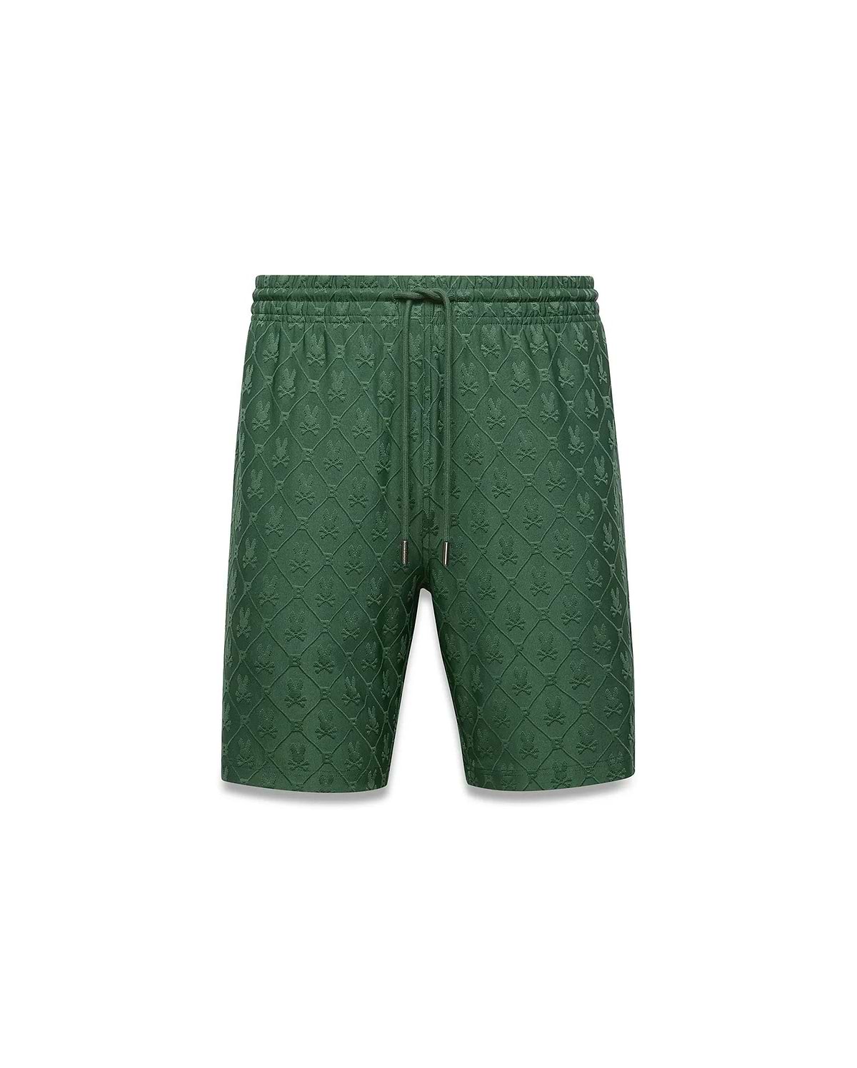 Mens Garry Jacquard Sweatshort in forest green, featuring a relaxed fit and an all-over tonal jacquard knit pattern of the iconic Psycho Bunny skull logo, with a drawstring waist.
