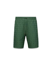 Mens Garry Jacquard Sweatshort in forest green, featuring a relaxed fit and an all-over tonal jacquard knit pattern of the iconic Psycho Bunny skull logo, with a drawstring waist.