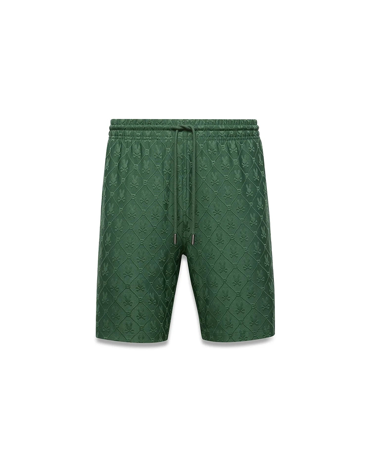 Mens Garry Jacquard Sweatshort in forest green, featuring a relaxed fit and an all-over tonal jacquard knit pattern of the iconic Psycho Bunny skull logo, with a drawstring waist.