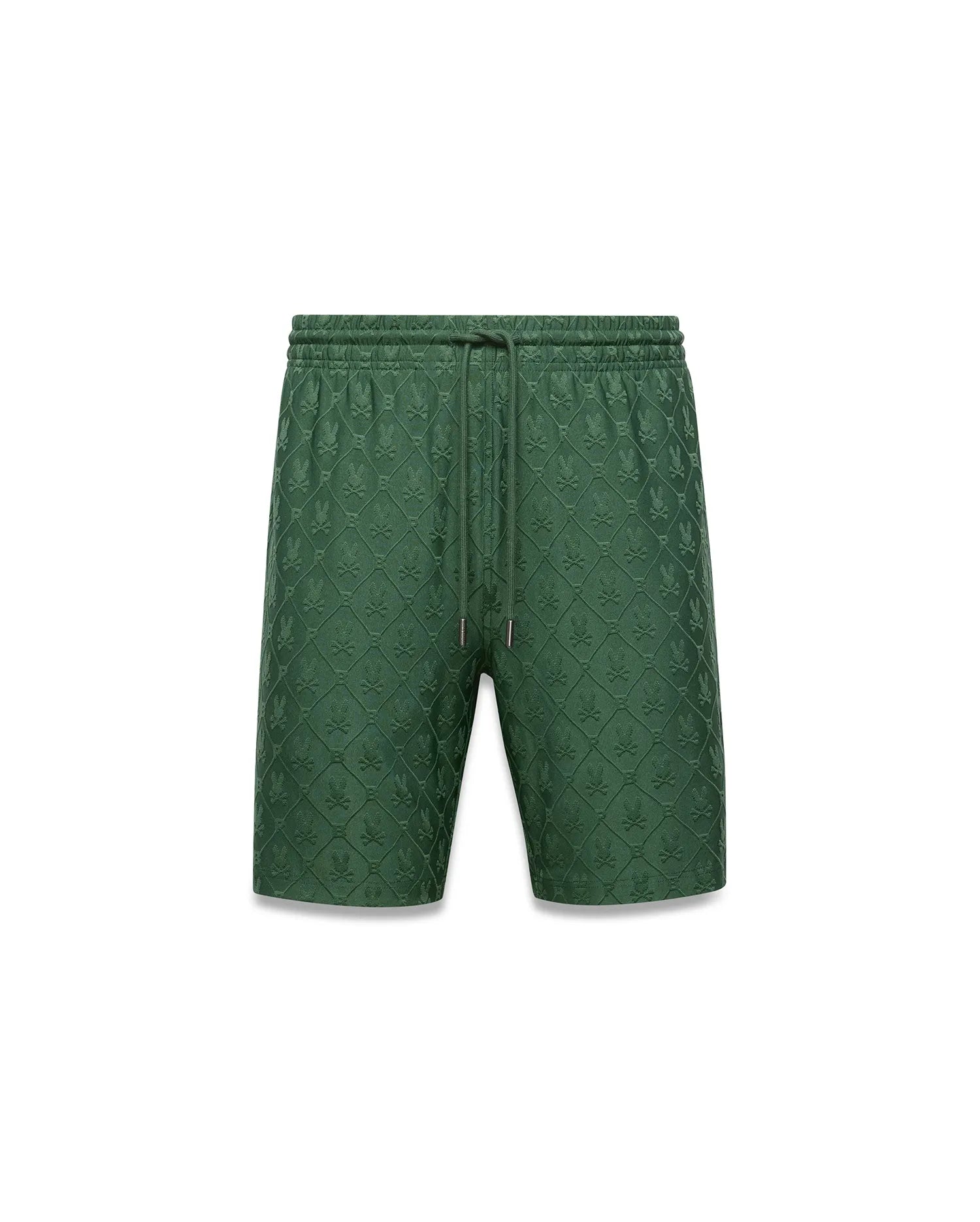 Mens Garry Jacquard Sweatshort in forest green, featuring a relaxed fit and an all-over tonal jacquard knit pattern of the iconic Psycho Bunny skull logo, with a drawstring waist.