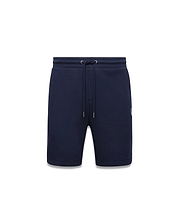 Mens Gabe French Terry Sweatshort in navy blue, featuring a relaxed fit, drawstring waist, and a small white embroidered Psycho Bunny skull logo on the lower left leg. (6)