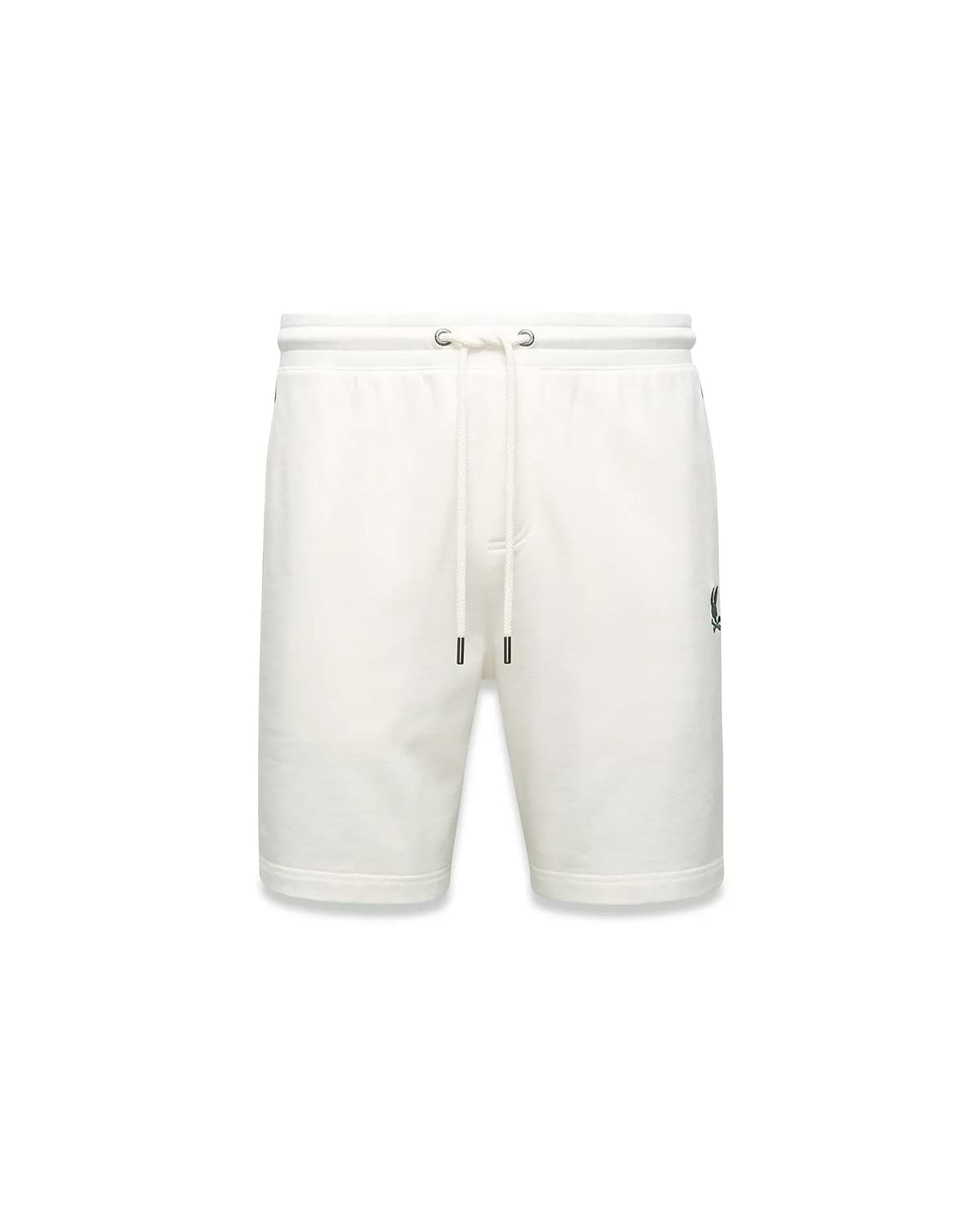 Mens Gabe French Terry Sweatshort in cream, featuring a relaxed fit, soft French terry fabric, elastic drawstring waist with silver eyelets, and a small embroidered black Psycho Bunny skull logo on the left thigh. (5)