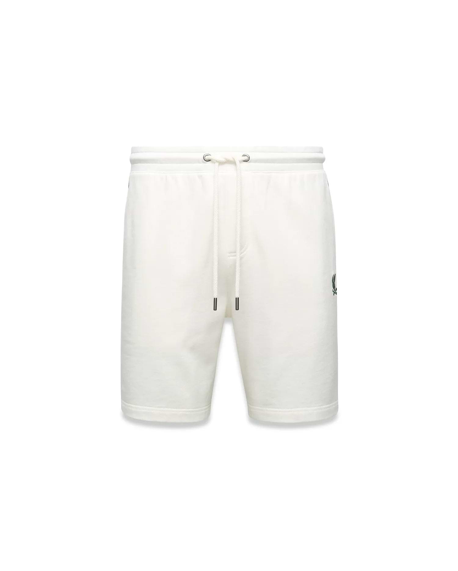 Mens Gabe French Terry Sweatshort in cream, featuring a relaxed fit, soft French terry fabric, elastic drawstring waist with silver eyelets, and a small embroidered black Psycho Bunny skull logo on the left thigh. (5)