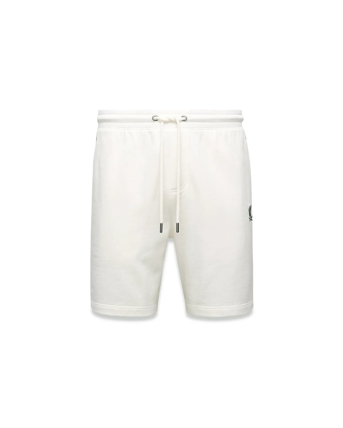 Mens Gabe French Terry Sweatshort in cream, featuring a relaxed fit, soft French terry fabric, elastic drawstring waist with silver eyelets, and a small embroidered black Psycho Bunny skull logo on the left thigh. (5)