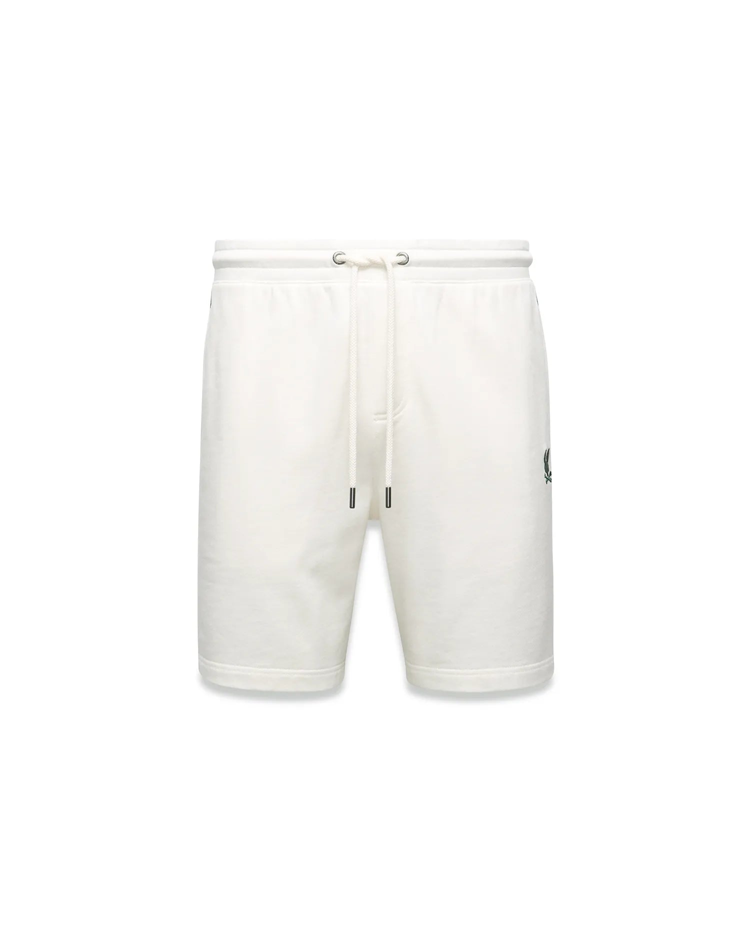 Mens Gabe French Terry Sweatshort in cream, featuring a relaxed fit, soft French terry fabric, elastic drawstring waist with silver eyelets, and a small embroidered black Psycho Bunny skull logo on the left thigh. (5)