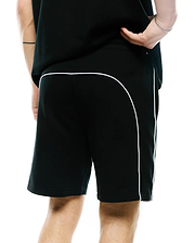 Mens Stevie Short, black relaxed fit jersey shorts featuring prominent white contrast piping that curves across the upper back and extends down the side seams, offering a refined streetwear aesthetic.