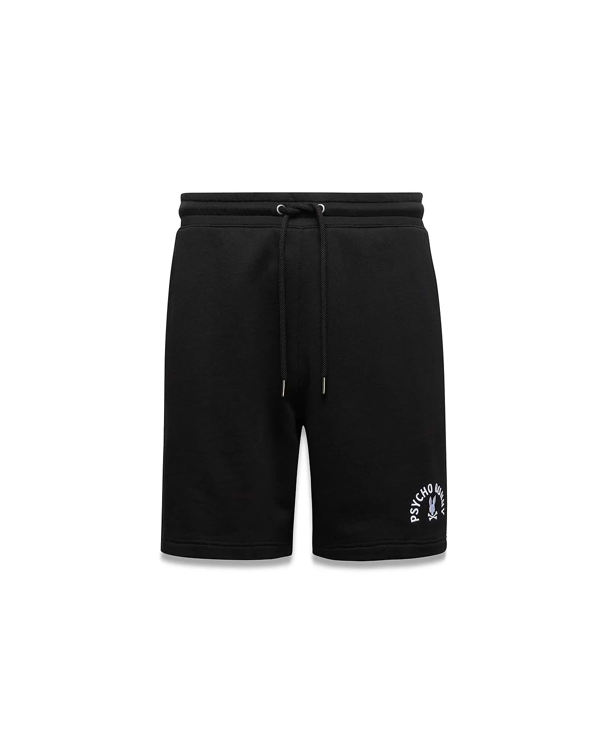 Black Mens Stevie Short in relaxed fit french terry, featuring a drawstring waist and an embroidered white and light purple Psycho Bunny skull logo on the left thigh.