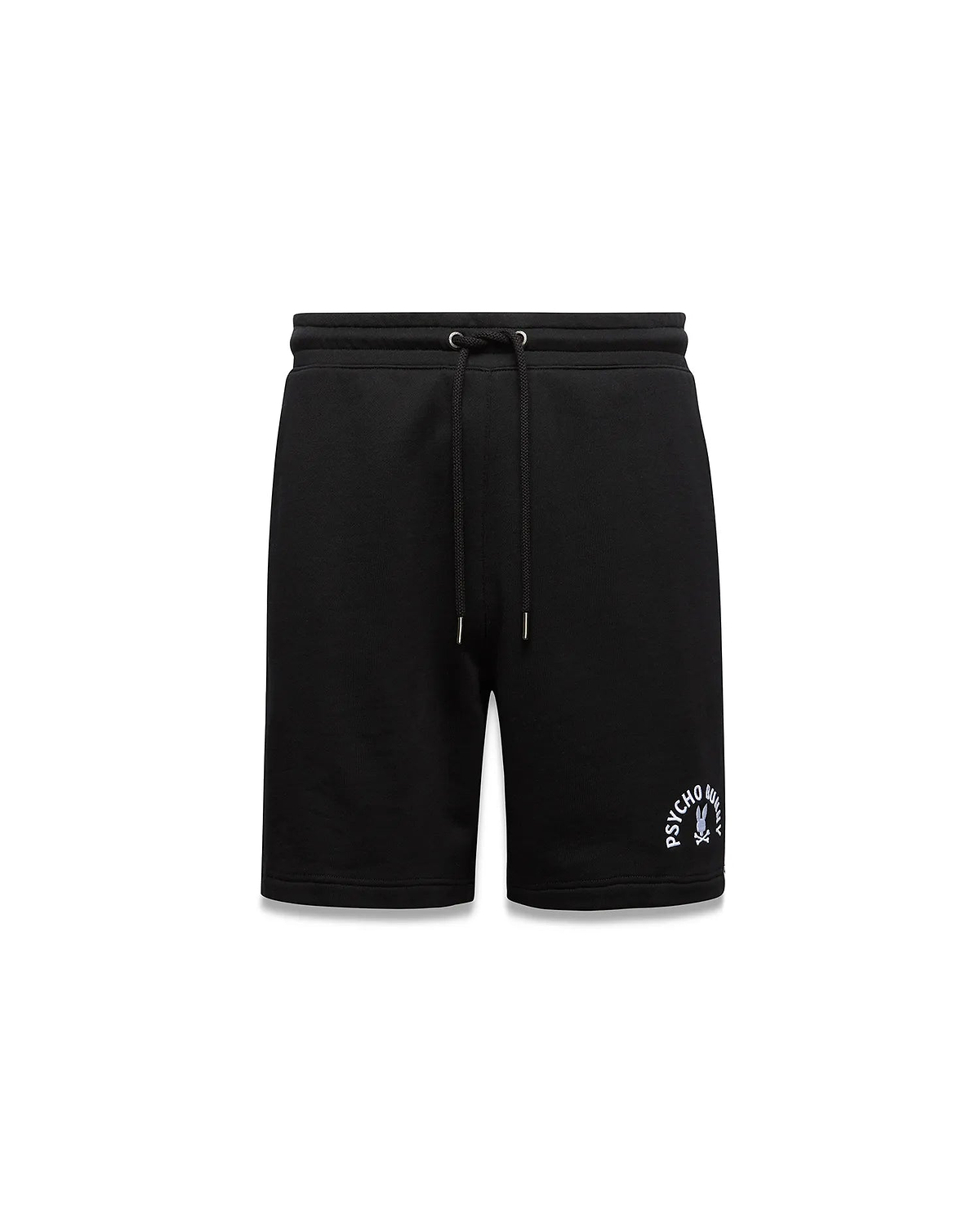 Black Mens Stevie Short in relaxed fit french terry, featuring a drawstring waist and an embroidered white and light purple Psycho Bunny skull logo on the left thigh.