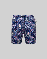 Mens Luke Swim Trunk in navy blue with an allover pink, light blue, and white intricate paisley, floral, and Psycho Bunny skull pattern. Features a drawstring waist and a small rubberized Psycho Bunny tag.