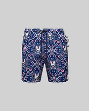 Mens Luke Swim Trunk in navy blue with an allover pink, light blue, and white intricate paisley, floral, and Psycho Bunny skull pattern. Features a drawstring waist and a small rubberized Psycho Bunny tag.