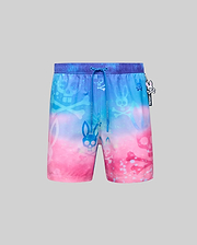 Mens Caspian Swim Trunk, relaxed fit, quick-dry fabric, vibrant blue to pink gradient with all-over bunny skull and skull & crossbones pattern, plus a small Psycho Bunny logo on the drawstring.